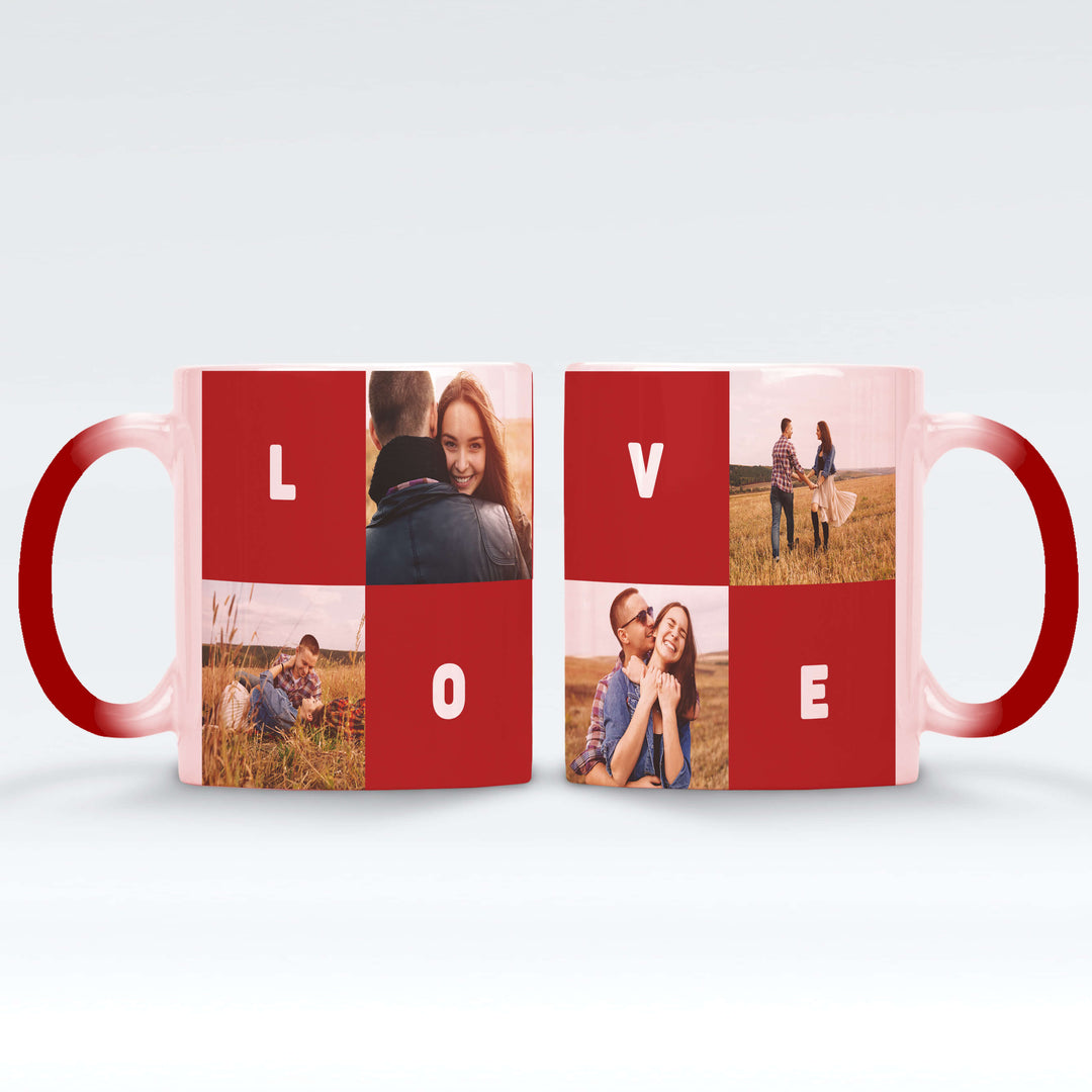 4 Photo Collage & 4 Text Blocks  Magic Mug - Black / Red