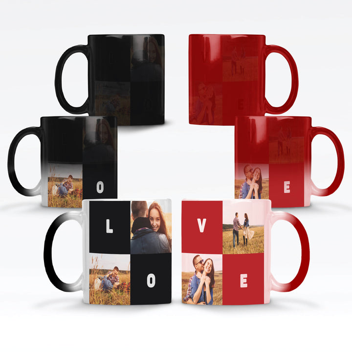 4 Photo Collage & 4 Text Blocks  Magic Mug - Black / Red