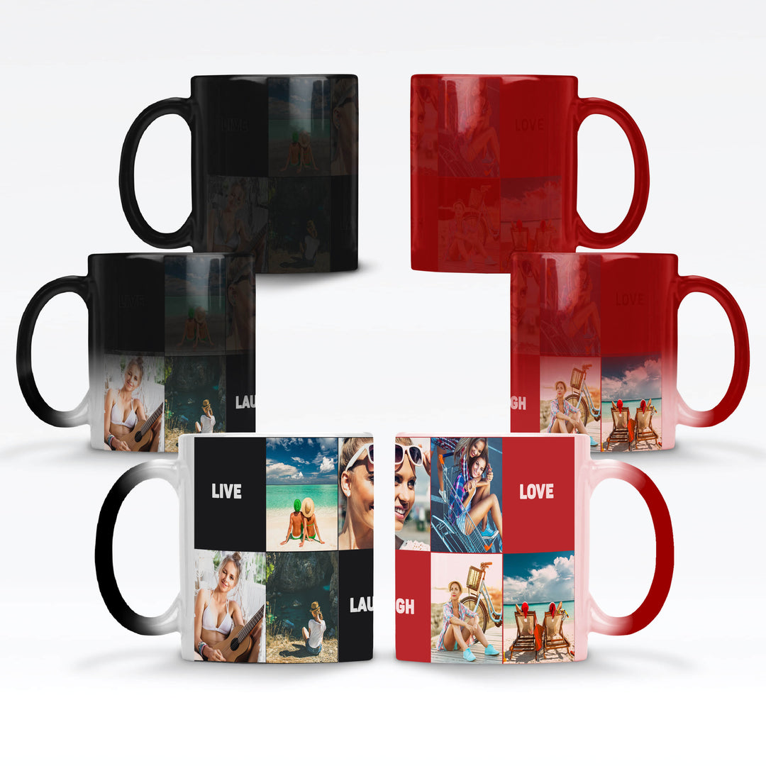 7 Photo Collage & Text blocks Magic Mug Black / Red