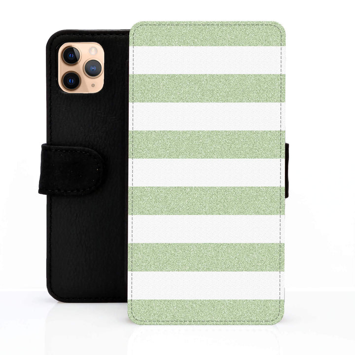 iPhone Personalised Leather Wallet Case Glitter Stripes